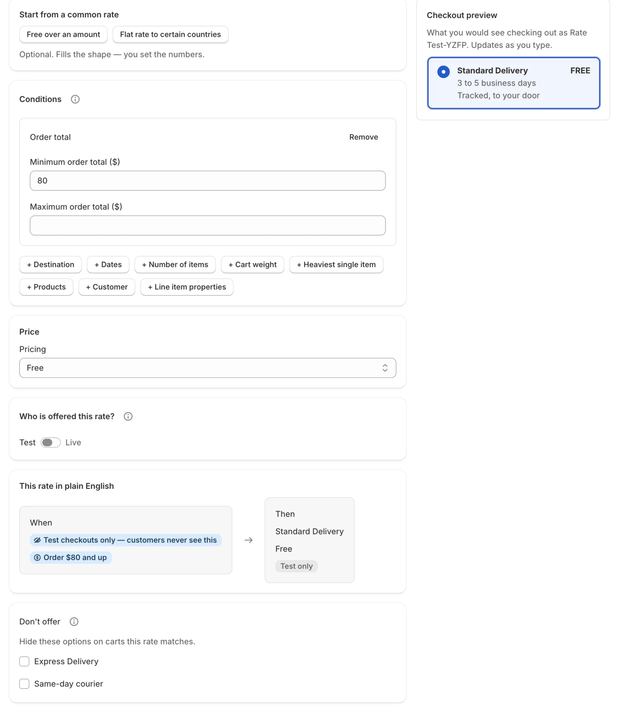 Add rate form: free when the order total is $80 and up, held to test checkouts, with a plain-English summary and checkout preview.