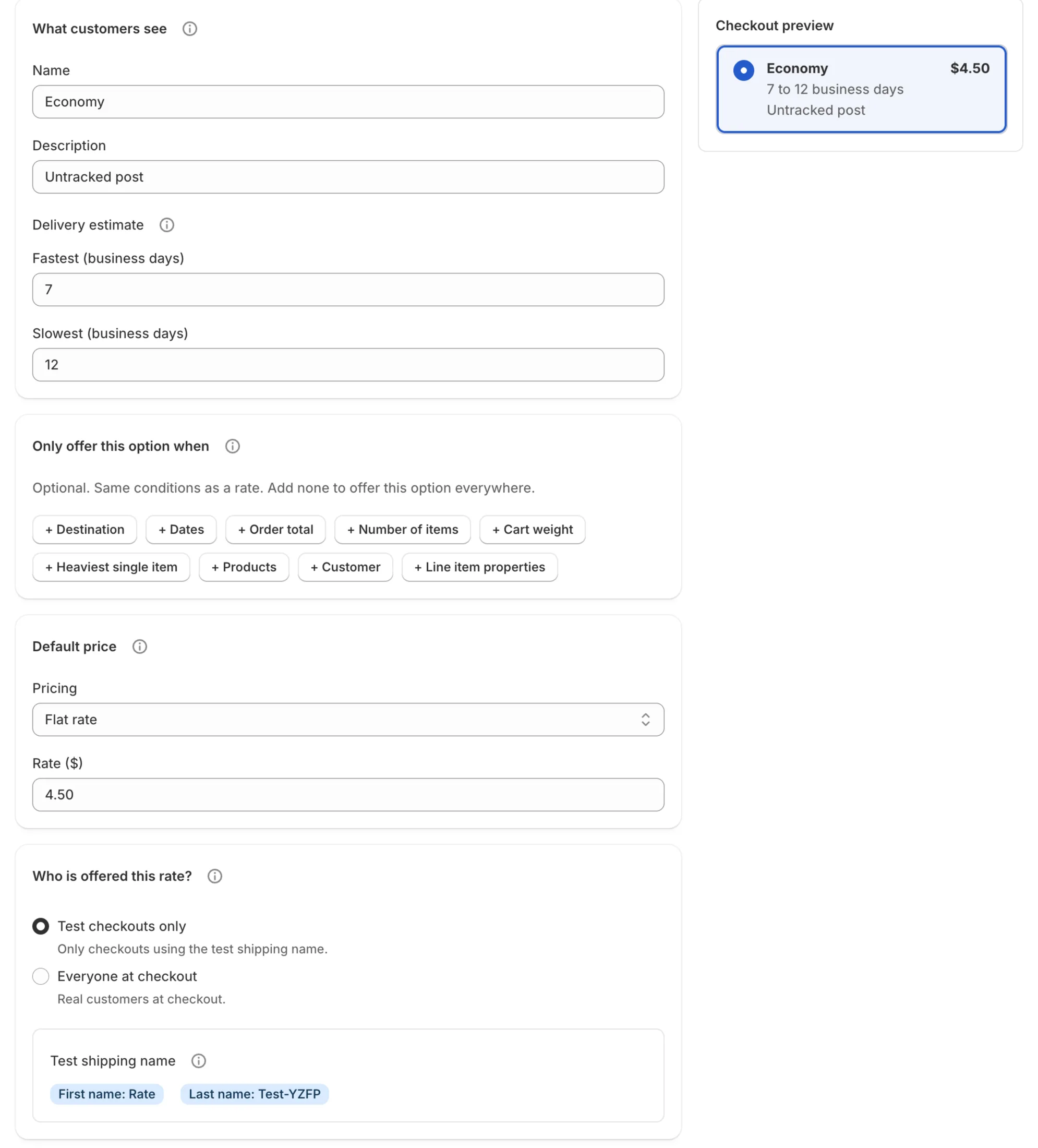 New checkout option form for Economy, 7 to 12 business days, $4.50, with a live checkout preview.