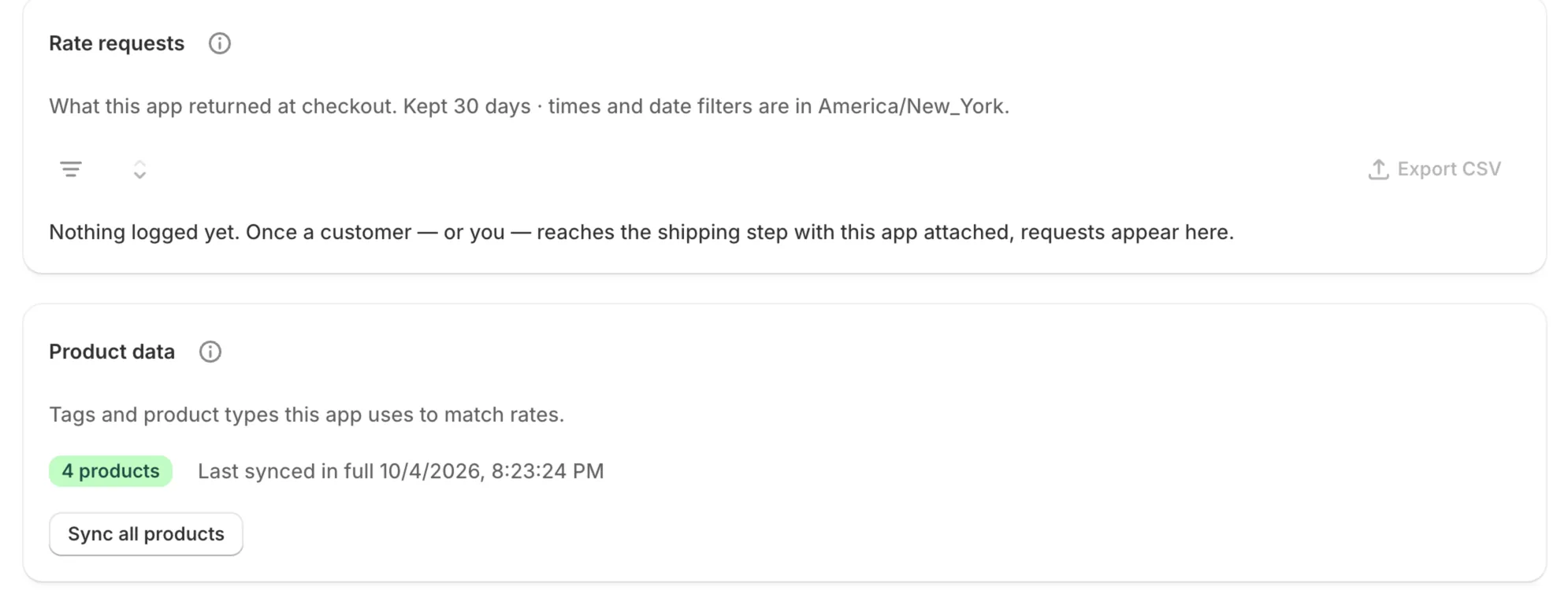 Rate diagnostics: the rate request log and the product data sync status.