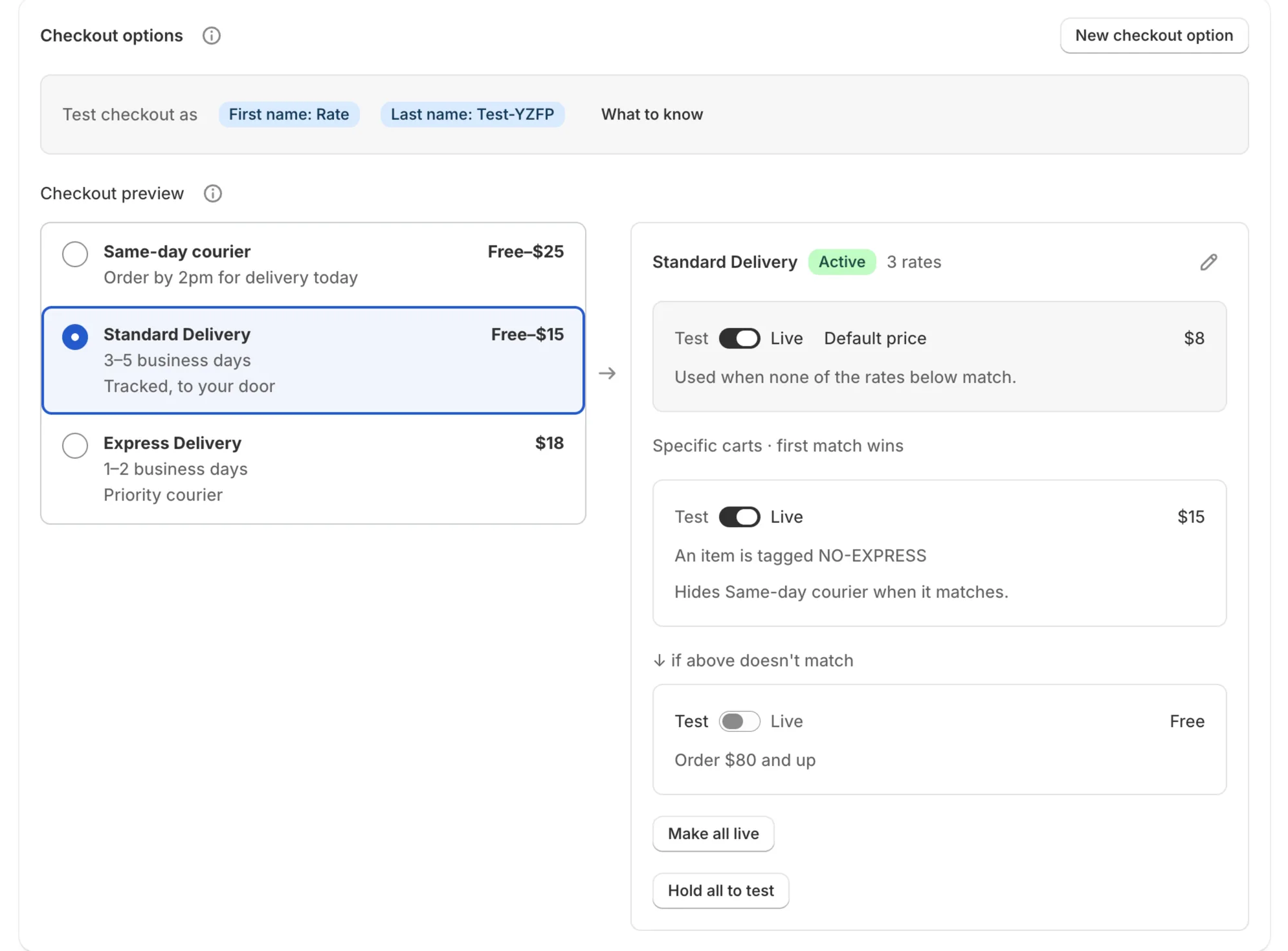 Checkout preview listing Same-day courier, Standard Delivery and Express Delivery, with Standard's rates open beside it.