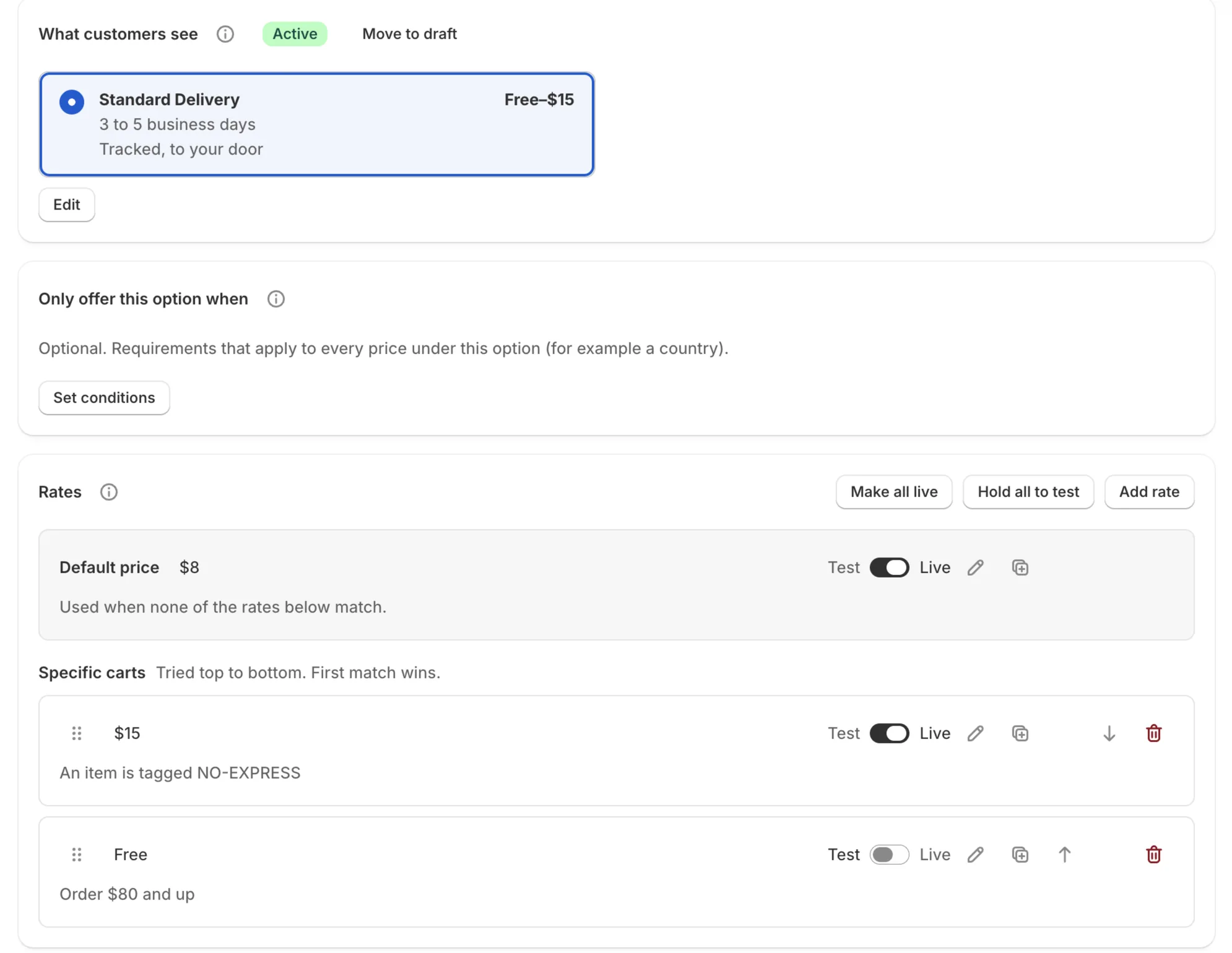 Standard Delivery option page: default price $8, a $15 rate for items tagged NO-EXPRESS and a free rate over $80.